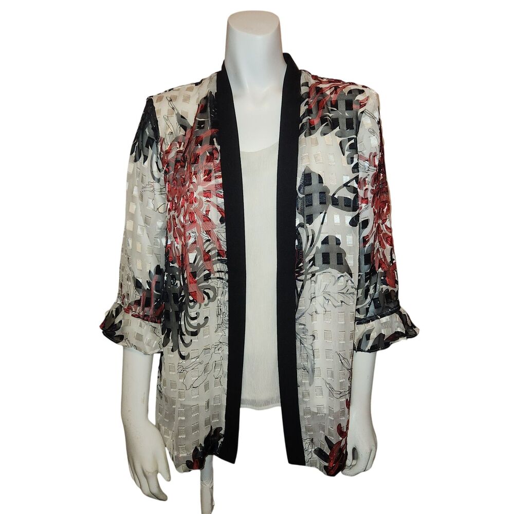 R&M Richards White, Black And Red Kimono Layered Blouse Womens Size Petite Large